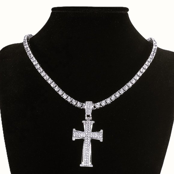 20" Mens 14K White Gold 2ct Diamond Cross Pendant Necklace 14 Karat Silver Chain - Picture 1 of 9